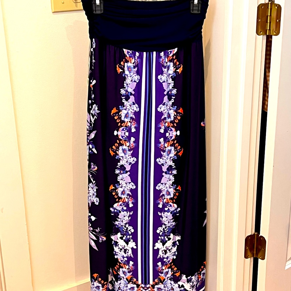 Blue maxi with light blue and coral floral accents.